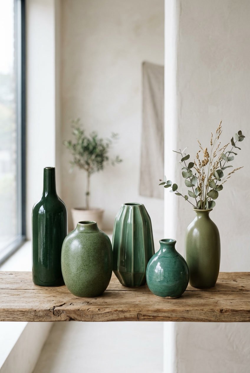 A group of green ceramic vases of different shapes displayed on a wooden surface with a plain background.