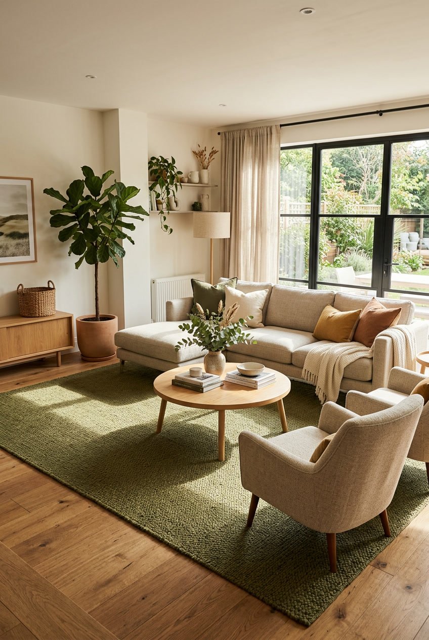 Living room with olive green area rugs on wooden floor, modern sofa, armchairs, potted plants, and natural sunlight.