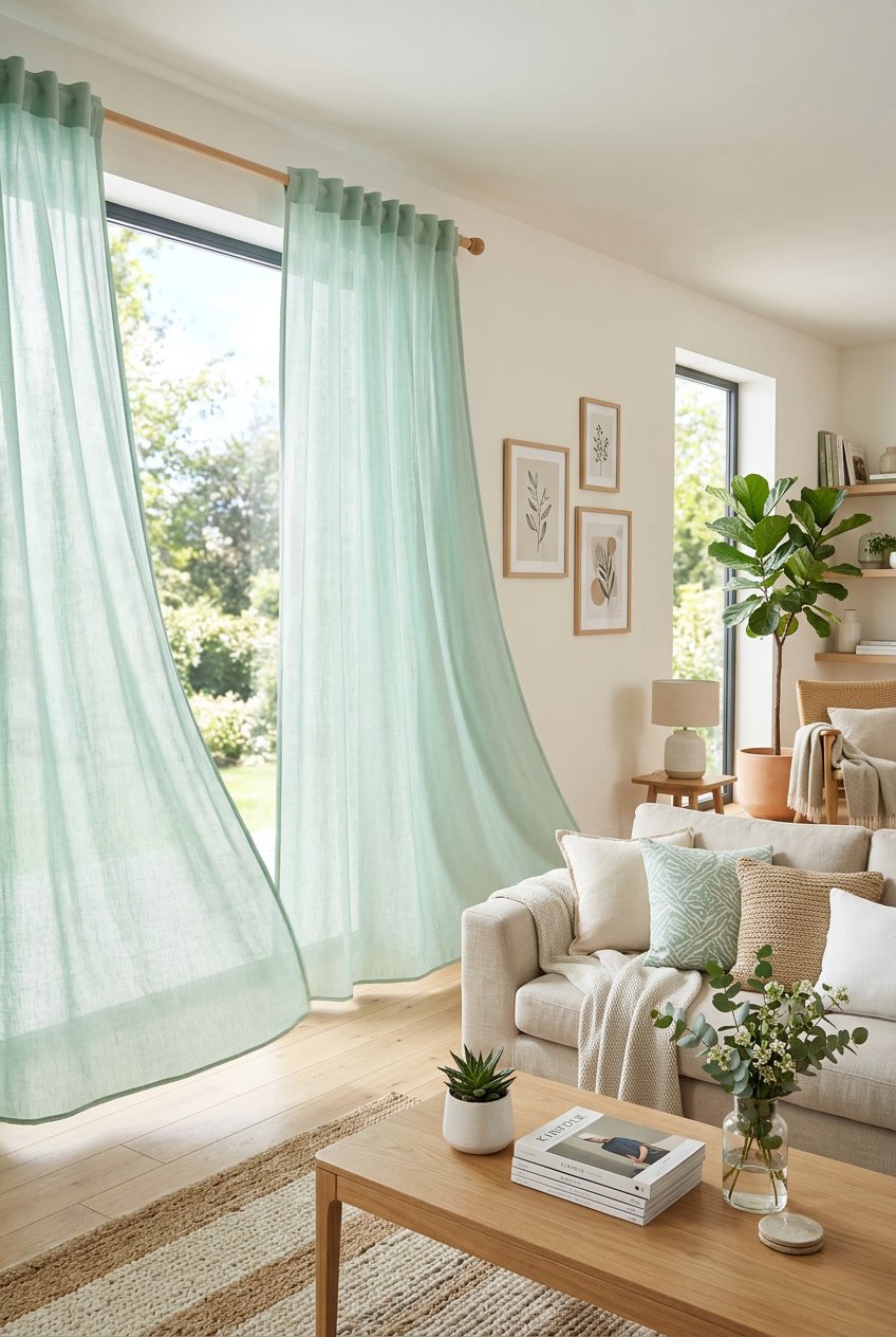 A living room with mint green curtains hanging by large windows, sunlight filtering through, and modern furniture including a sofa and coffee table.