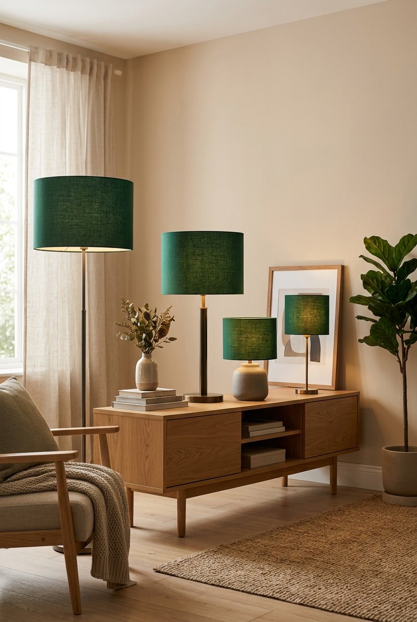 Several deep green lampshades arranged in a cozy living room setting with wooden furniture.