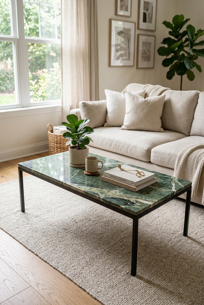 A green marble coffee table in a living room with a sofa, a plant, and natural light.