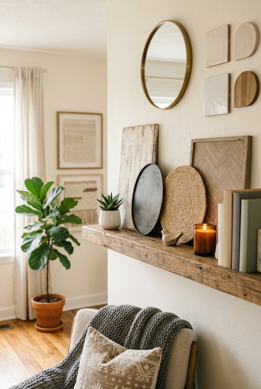 A shelf and wall displaying various decorative signs surrounded by plants, candles, and cozy home accessories.