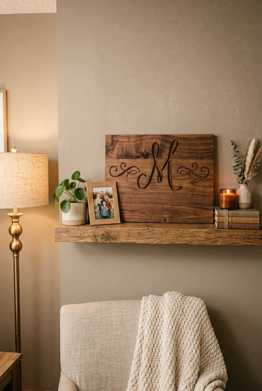 A cozy living room corner with a wooden family monogram sign on a shelf surrounded by plants and framed photos.