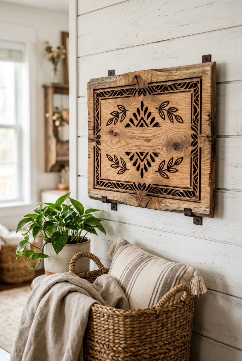 A wooden farmhouse wall sign displayed on a light wall surrounded by home decor items including a potted plant and woven basket.