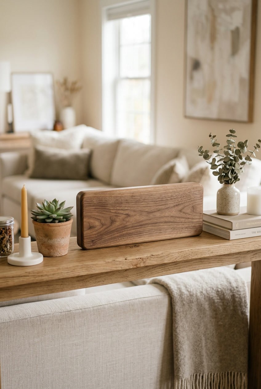 A wooden name sign displayed on a shelf with plants and candles in a cozy home setting.
