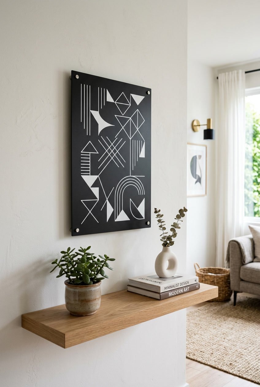 A black and white wall plaque hanging on a light-colored wall with a small plant and a wooden shelf nearby.