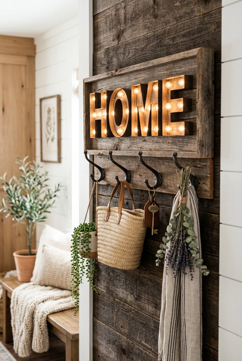 A wooden wall with a light-up hook sign holding hanging plants, baskets, and keys in a cozy indoor setting.