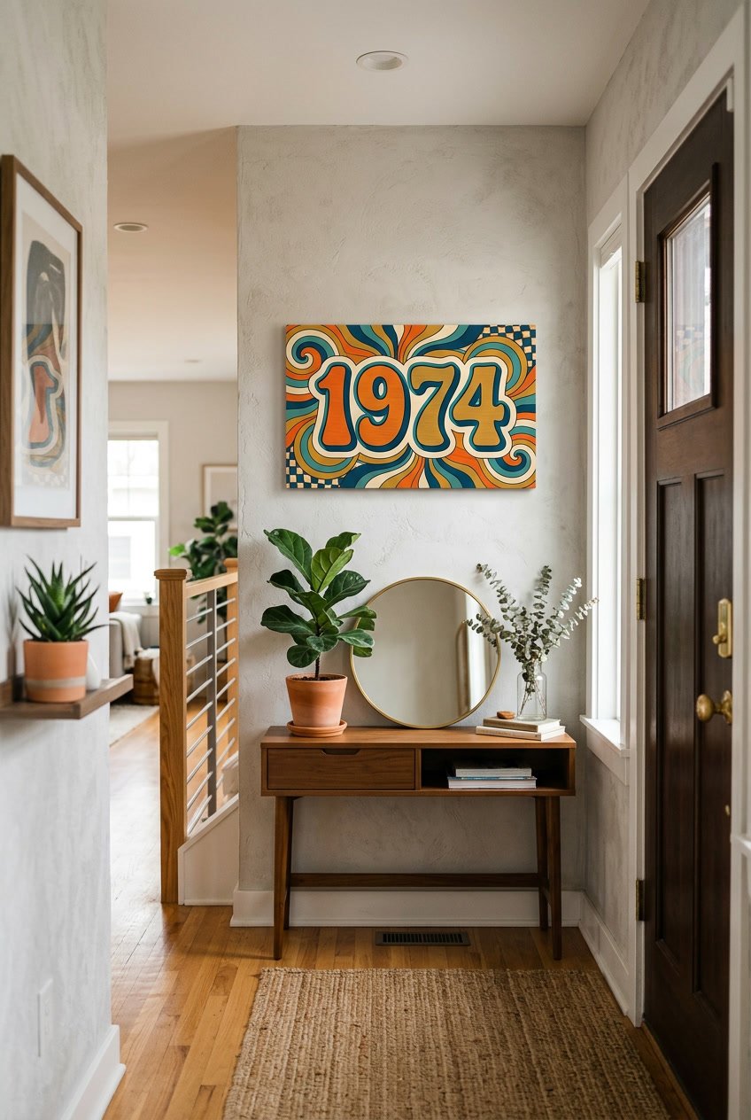 A modern home entryway with a colorful custom address sign displayed on the wall surrounded by plants and furniture.