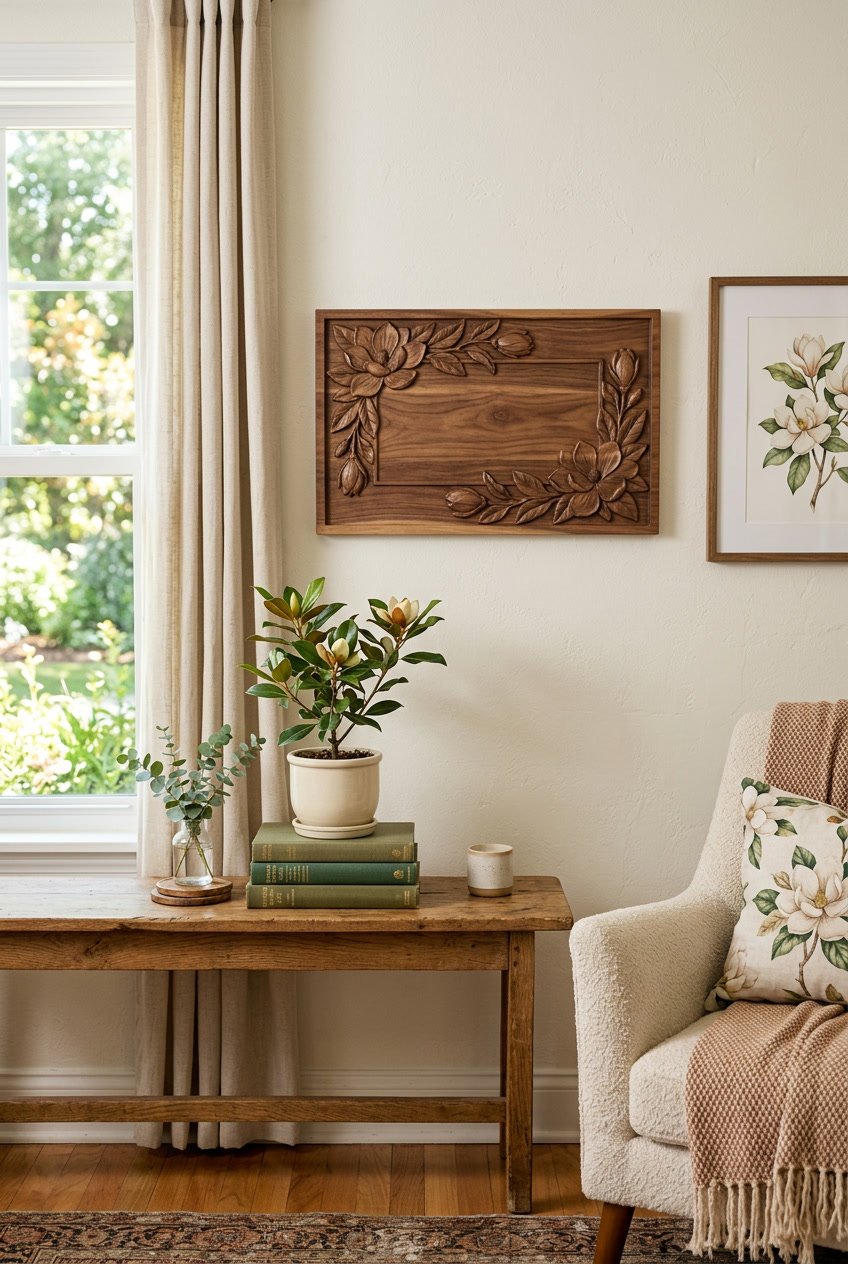 A cozy living room corner with a wooden magnolia-themed home decor sign on the wall, accompanied by a potted plant and books.