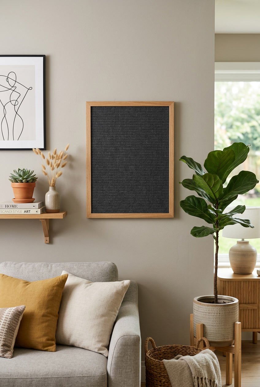 A wall-mounted interchangeable letter board in a living room with plants and shelves around it.