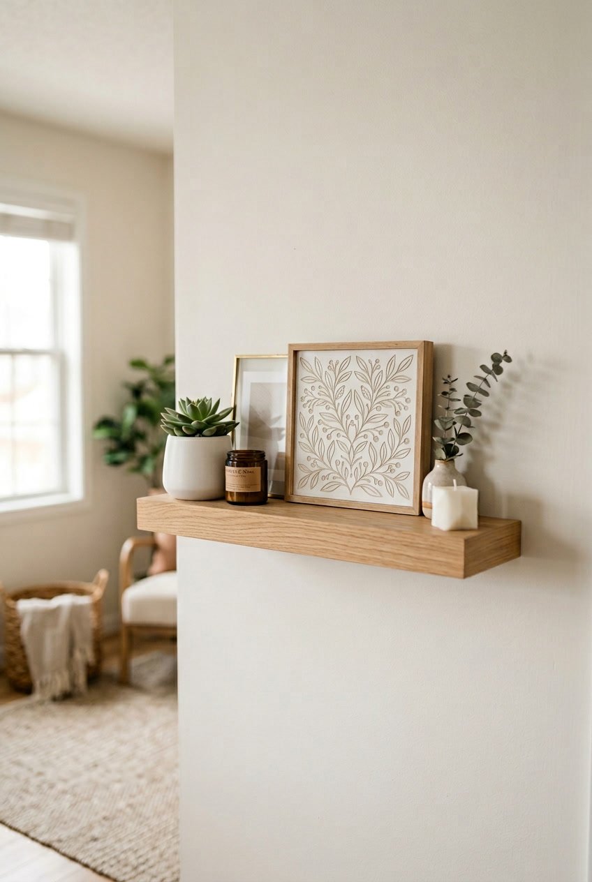 A mini shelf with a decorative sign and small home decor items arranged on it against a plain wall.