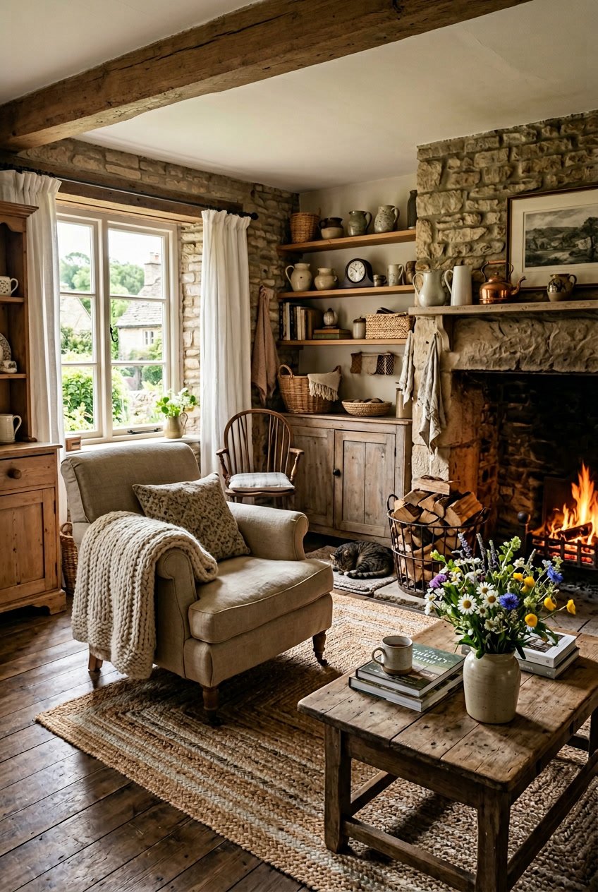 A cozy country home interior with wooden furniture, a vase of wildflowers on a coffee table, a stone fireplace, and soft natural light coming through windows.