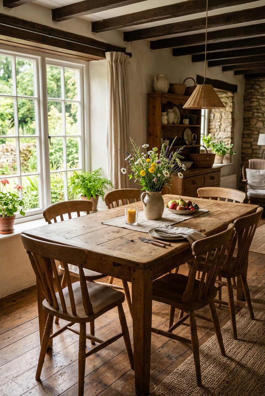 A rustic wooden farmhouse dining table with chairs and simple home decor in a cozy room.
