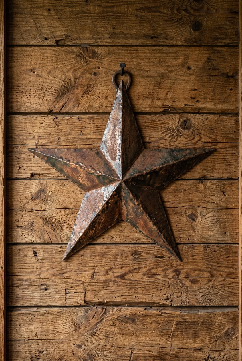 A rustic metal star hanging on a wooden wall.