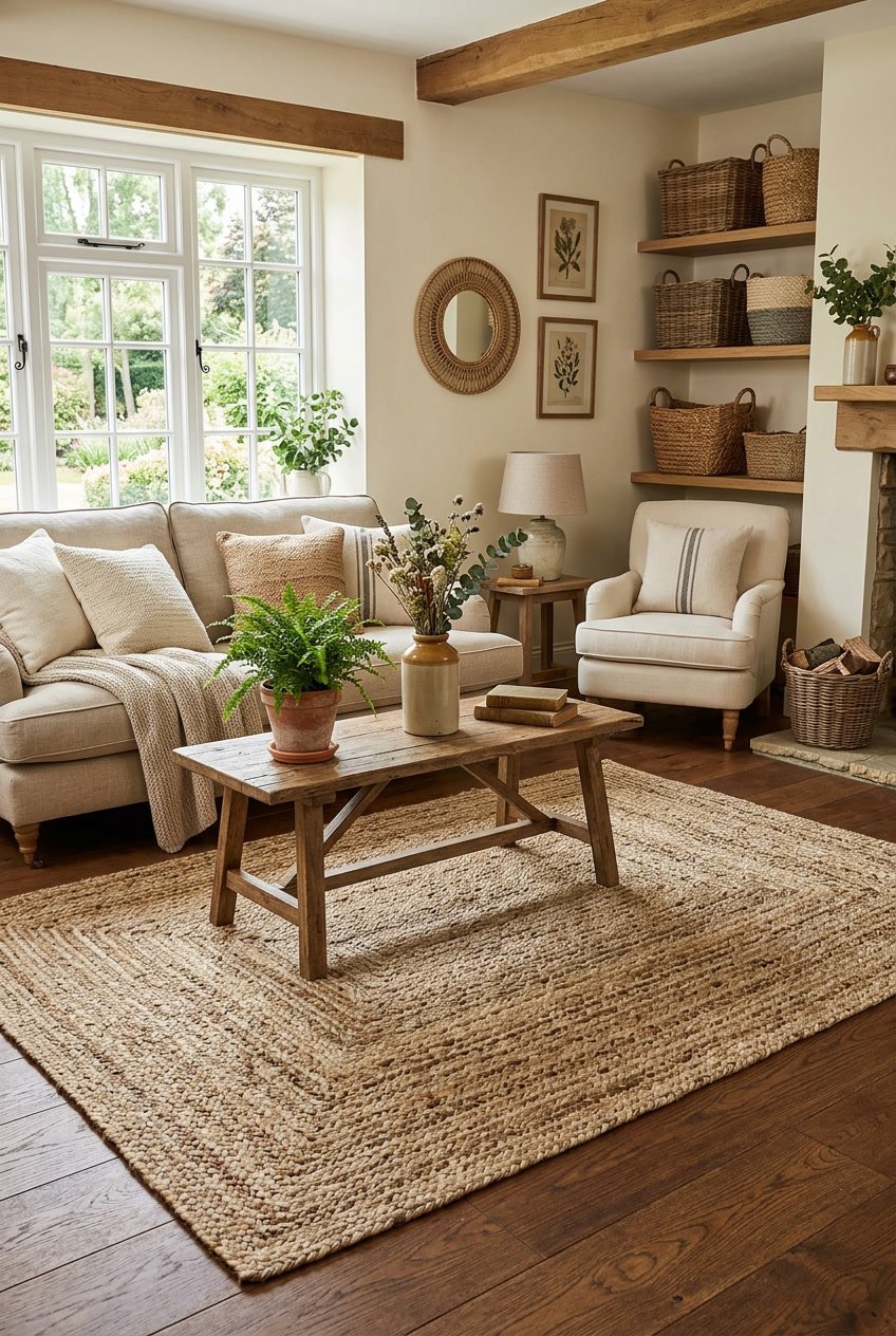 Living room with a woven jute area rug on a wooden floor, a sofa, coffee table, and natural light coming through windows.