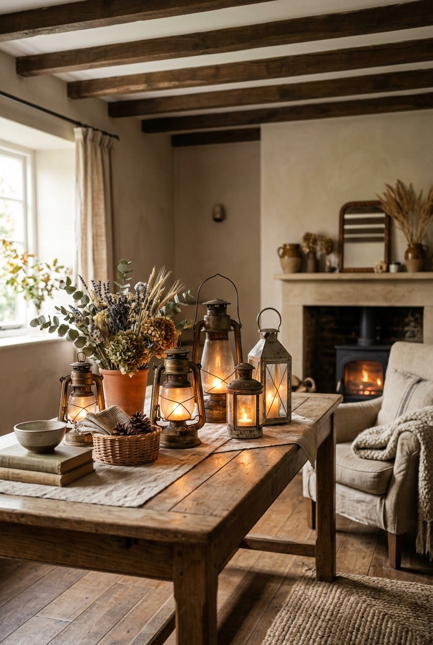 A rustic wooden table with several vintage lanterns glowing softly, surrounded by country-style home decor items in a warmly lit room.