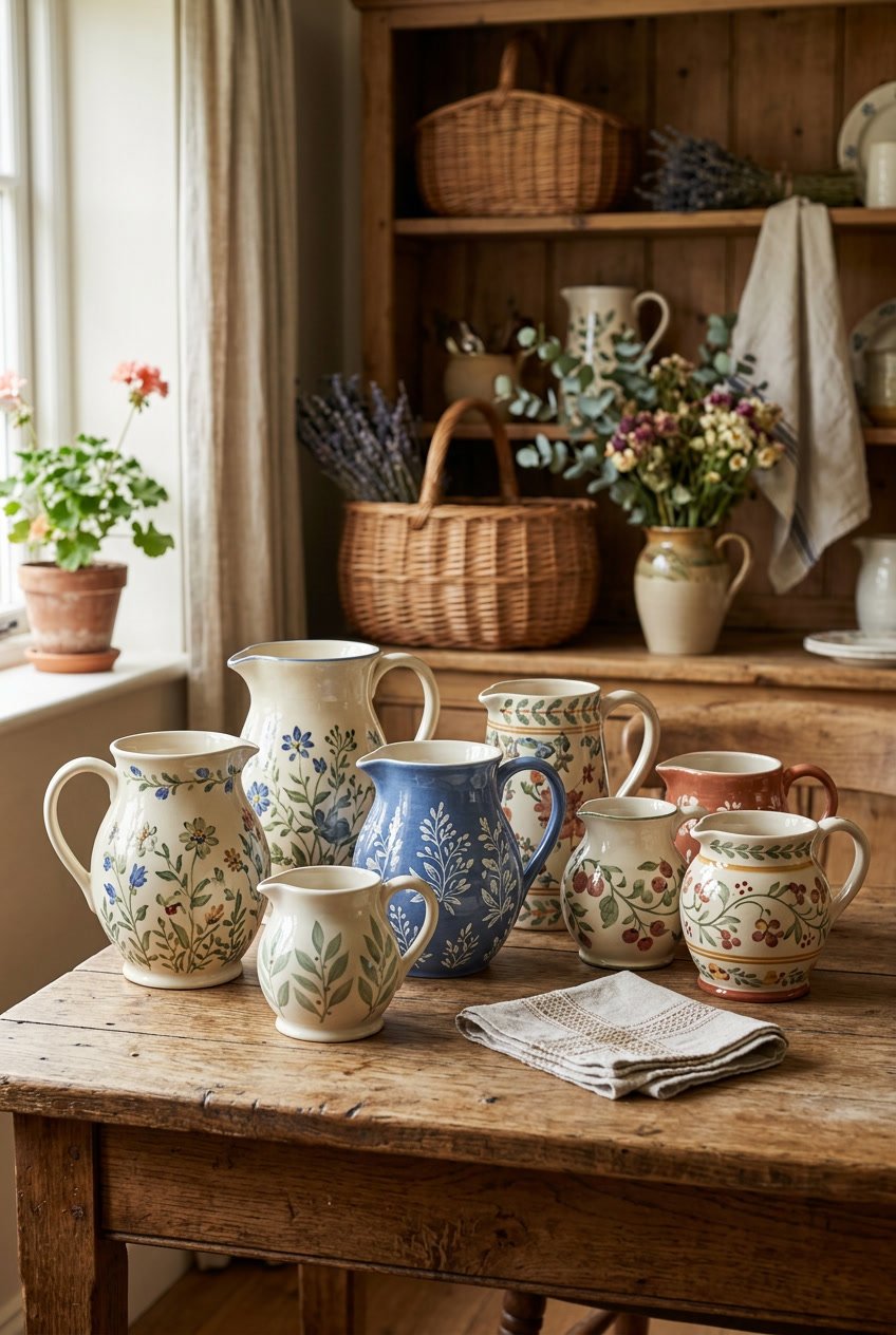 Several hand-painted ceramic pitchers displayed on a wooden table in a cozy home setting.