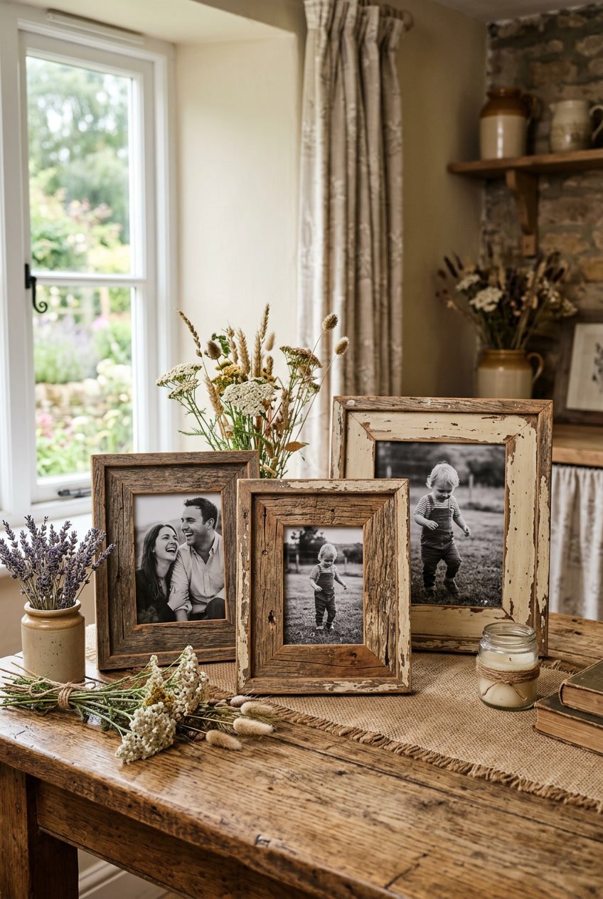 A rustic wooden table displaying several distressed wood picture frames surrounded by dried flowers and country-style decor in a warmly lit room.