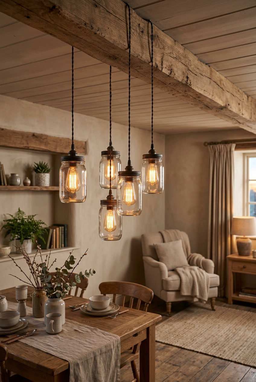 A cozy room with mason jar pendant lights hanging from the ceiling, illuminating a rustic interior space.