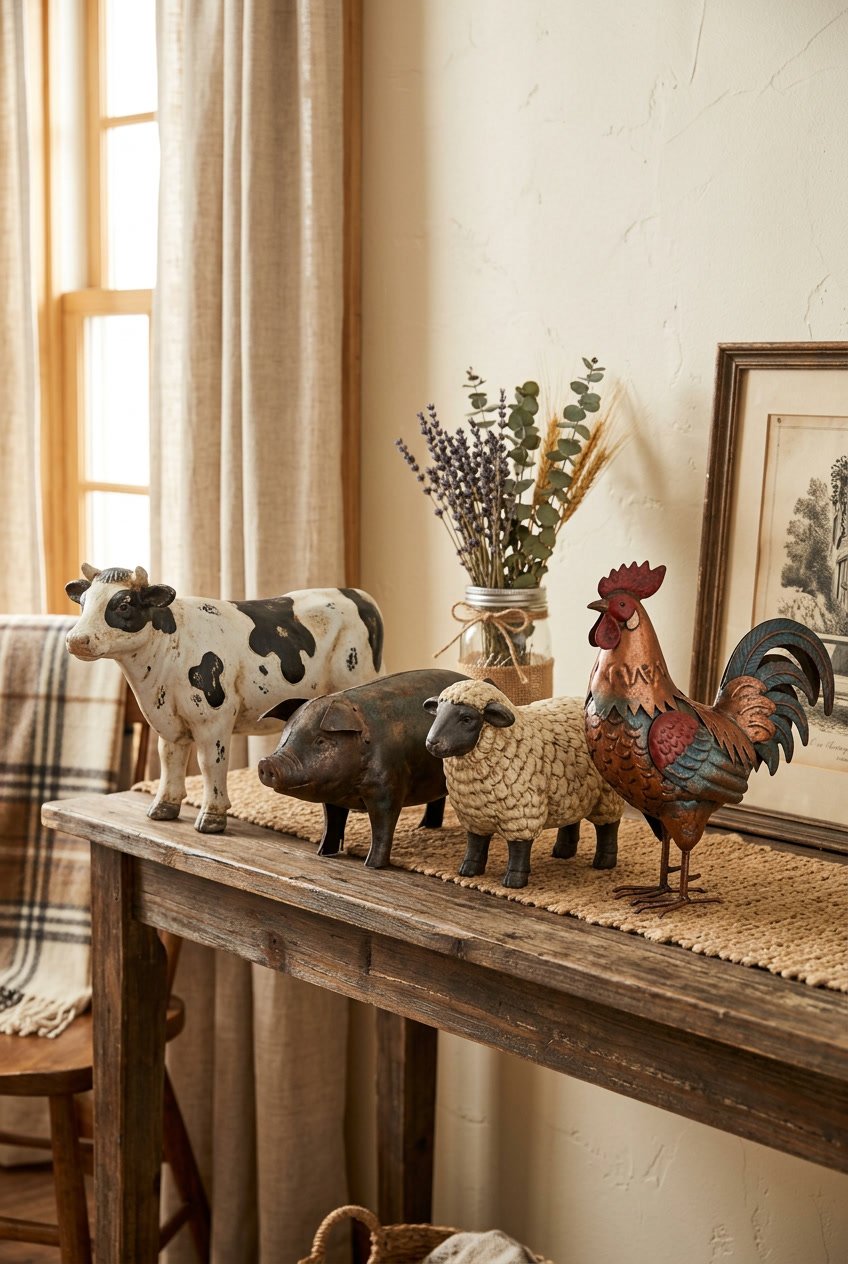 A collection of farm animal statues displayed on a wooden surface inside a country-style home.