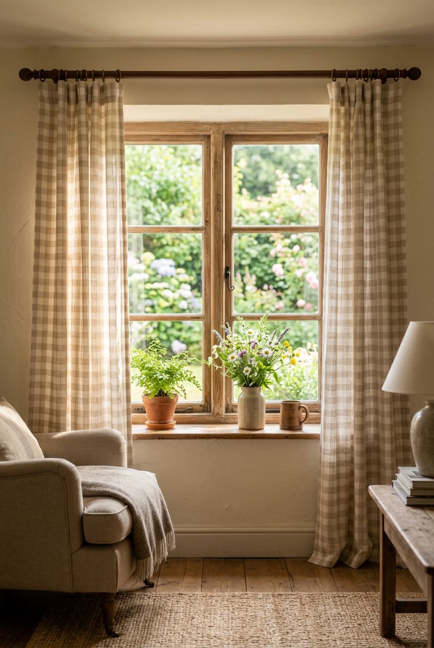 Sunlit window with checked linen curtains and a wooden windowsill holding a potted plant and a vase of wildflowers.