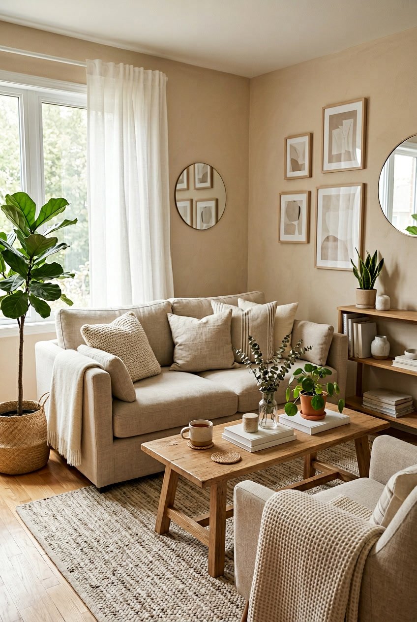A cozy living room with soft beige walls, a beige sofa, a wooden coffee table, and a potted plant.