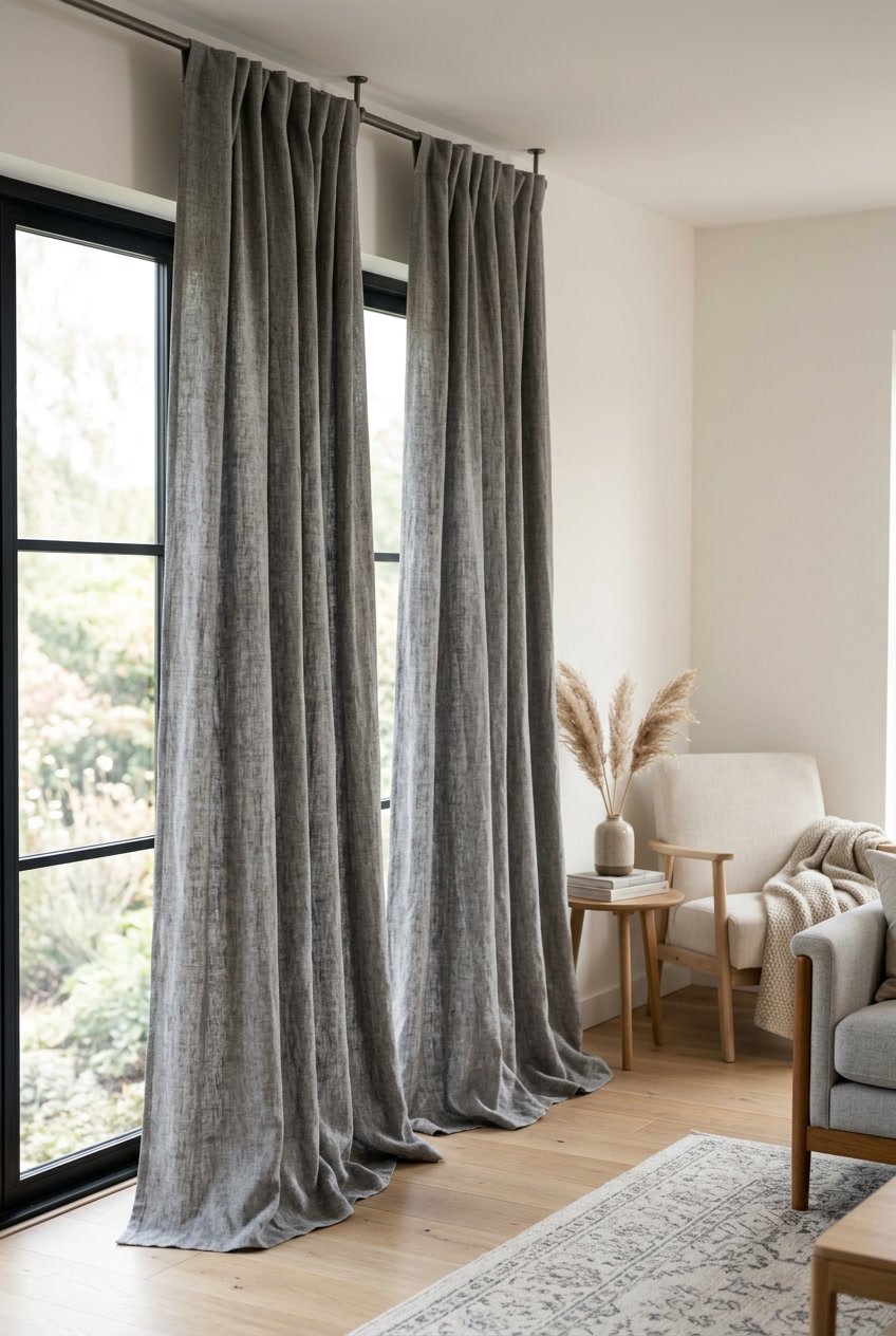 Gray linen curtains hanging in a softly lit room with neutral home decor.