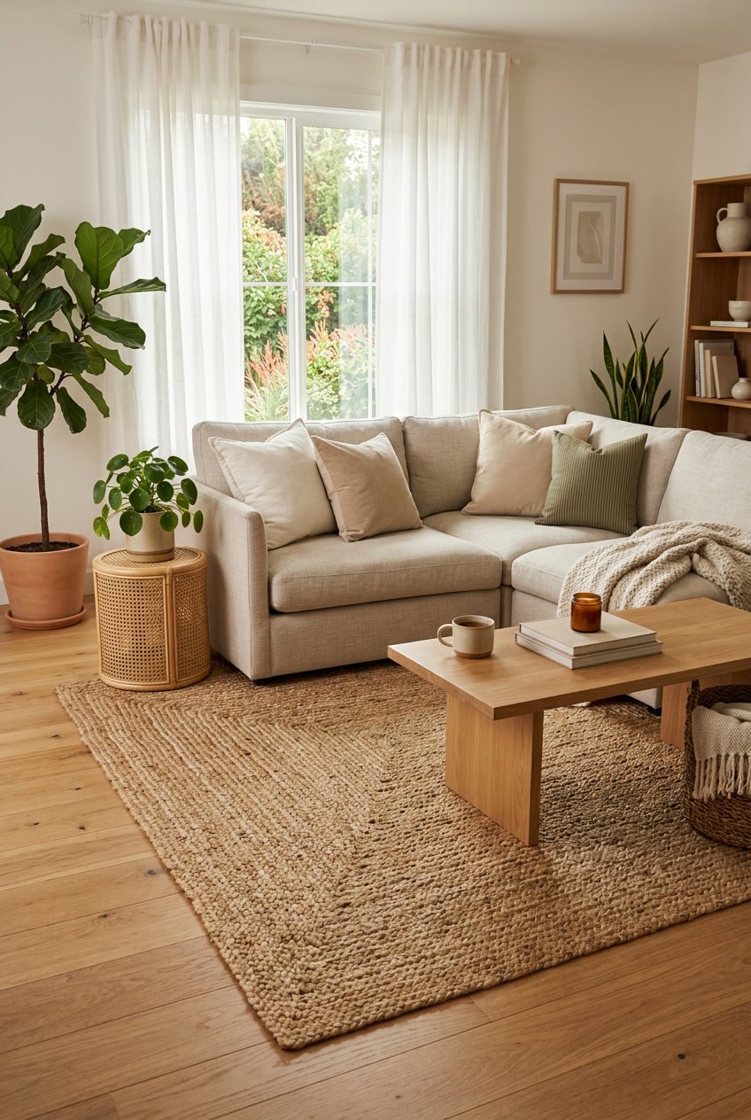 A living room with a natural jute area rug on a wooden floor, surrounded by neutral-colored cushions, a wooden coffee table, and green plants.