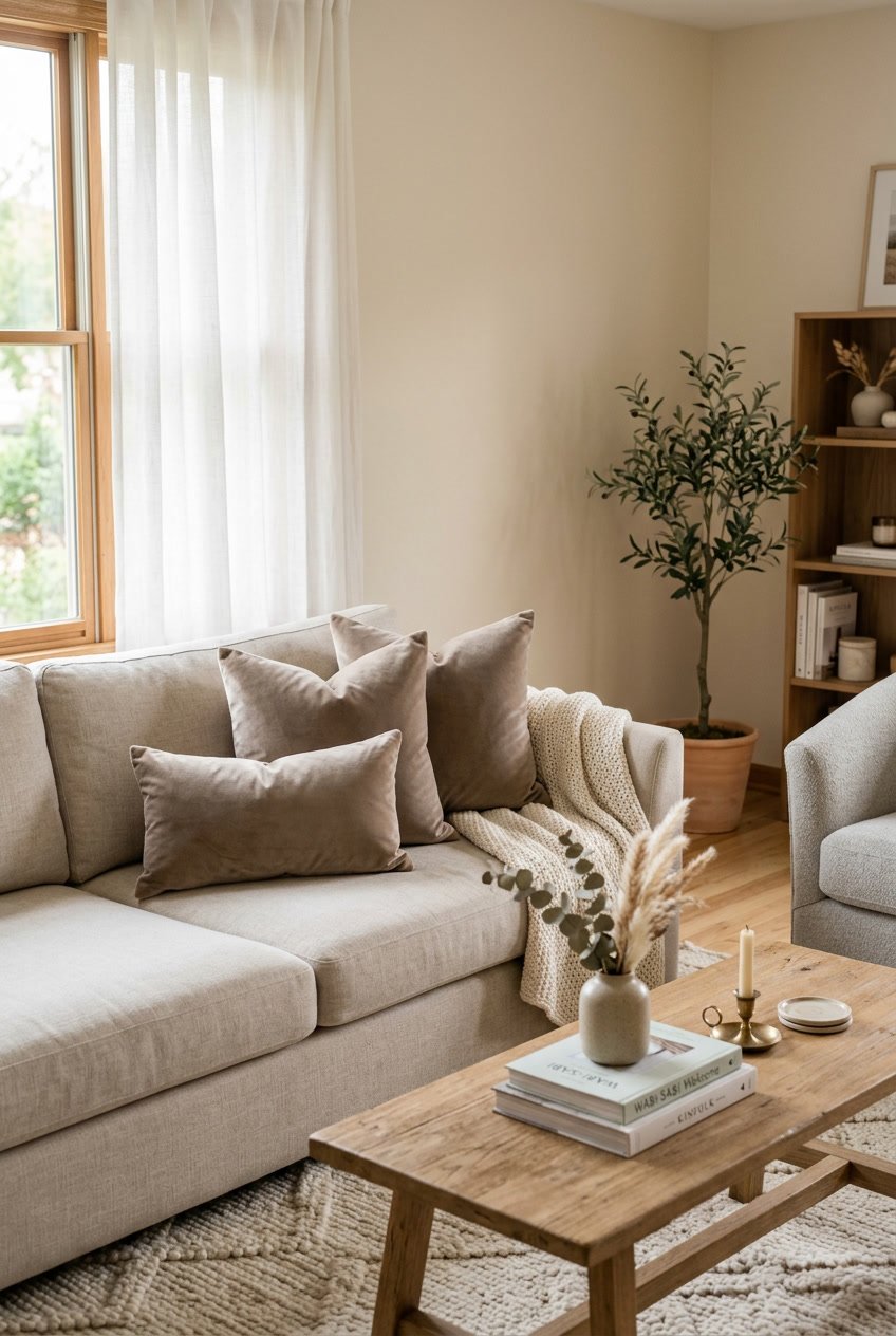 A living room sofa with taupe velvet throw pillows and neutral-colored decor items nearby.