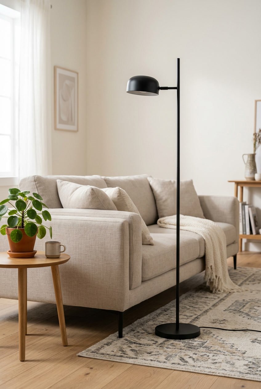 A matte black metal floor lamp next to a beige sofa in a living room with light wooden floors and a small potted plant on a side table.