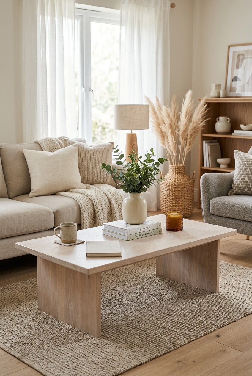 A whitewashed oak coffee table in a living room with neutral decor and natural lighting.