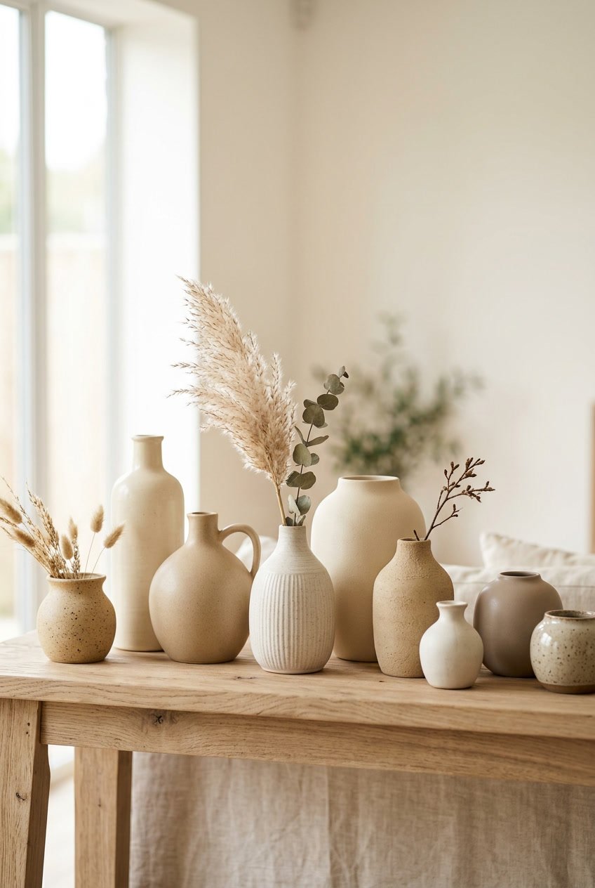 A group of cream and sandy colored ceramic vases arranged on a wooden surface with soft lighting.