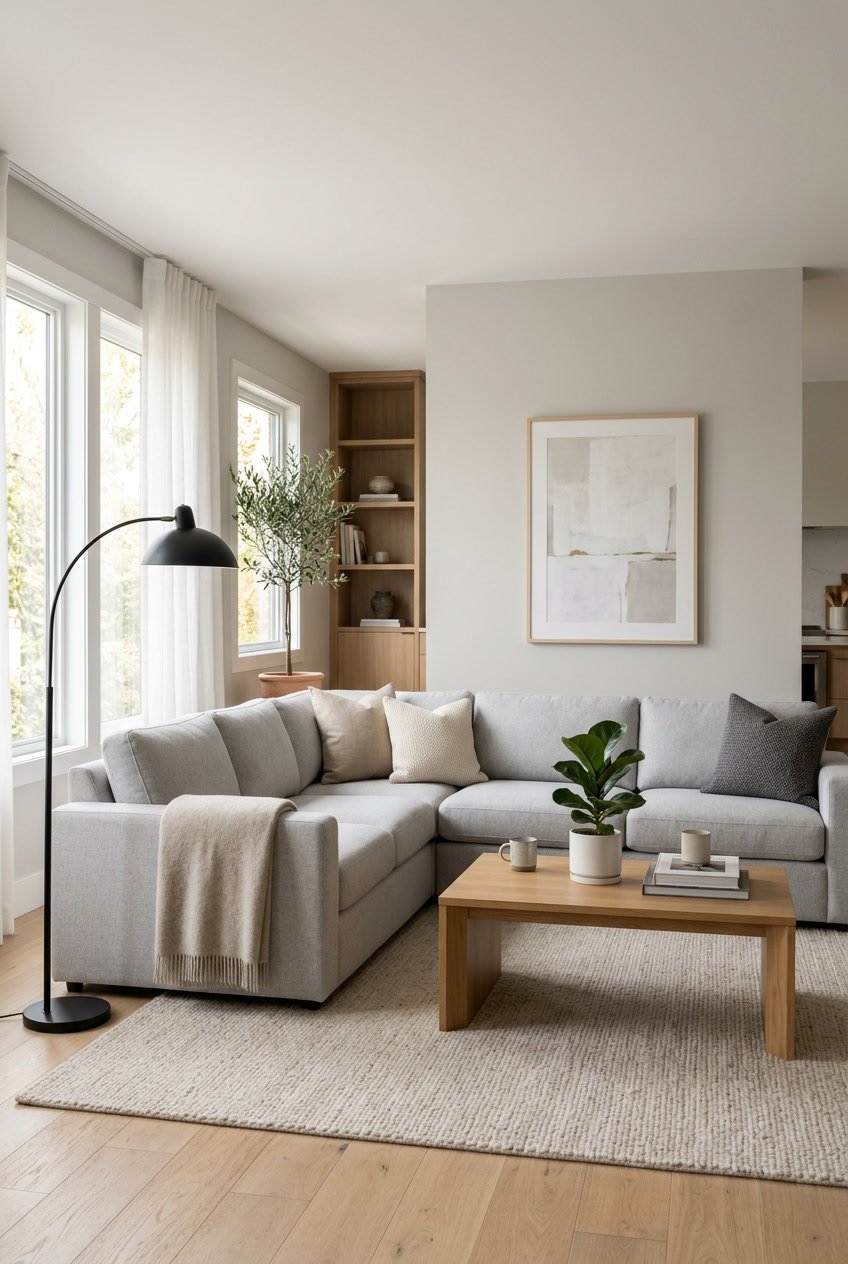 A living room with a light gray sectional sofa and a coffee table in front of it.