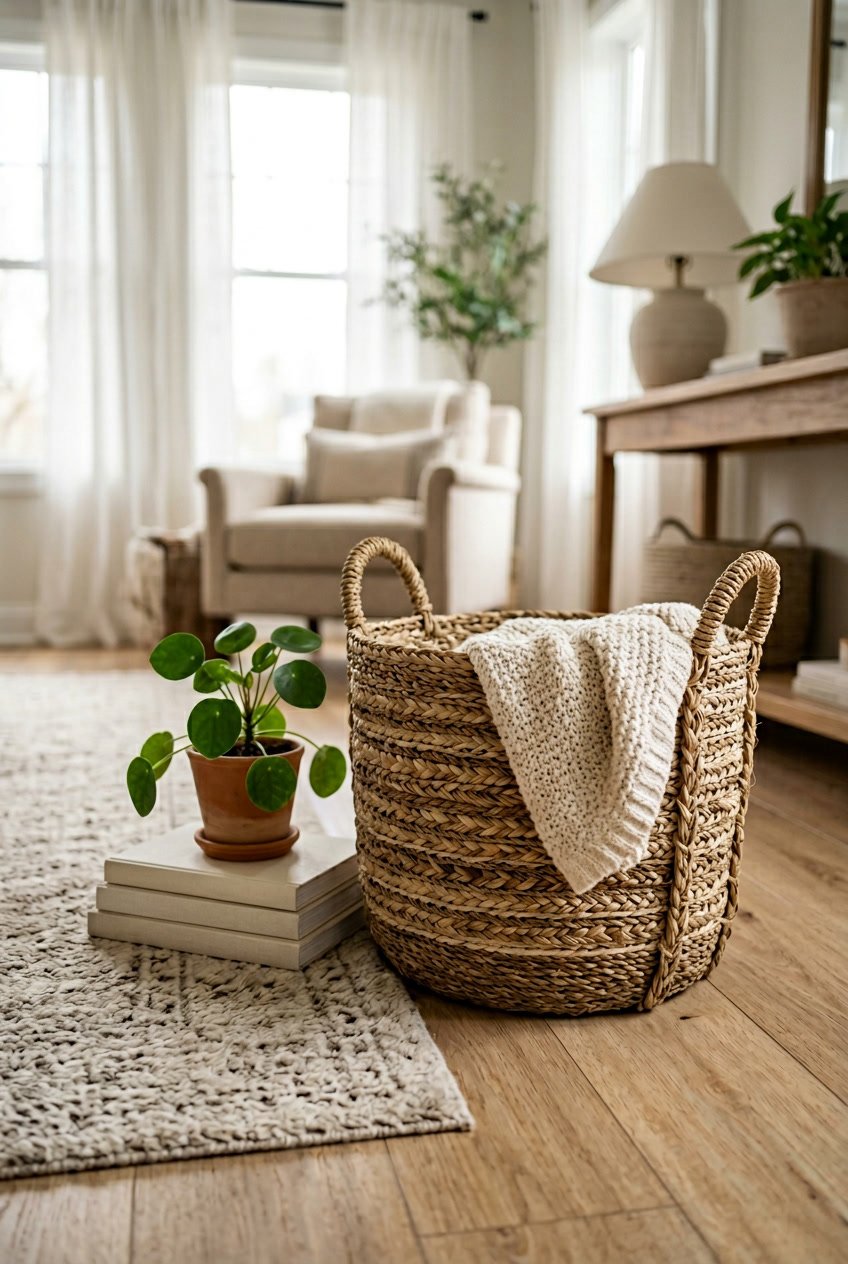 A natural fiber woven basket placed on a wooden floor next to a beige rug with a plant, books, and a throw blanket nearby in a softly lit living room.