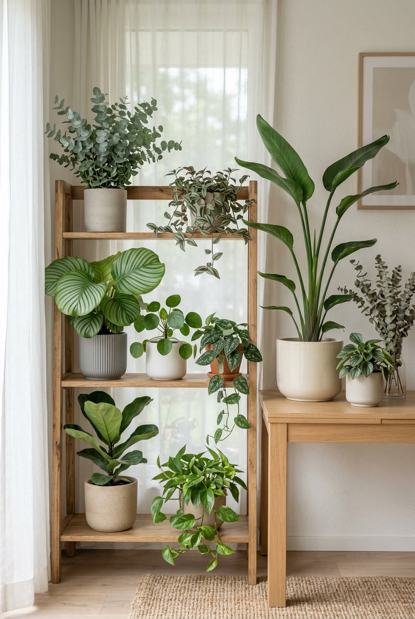 Indoor scene with muted sage-colored plants arranged on wooden shelves and a table, creating a calm and fresh atmosphere.