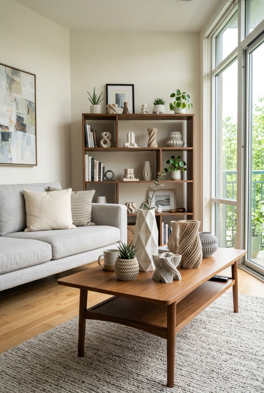 A living room with a coffee table and bookshelf displaying various 3D printed decorative objects and small plants.