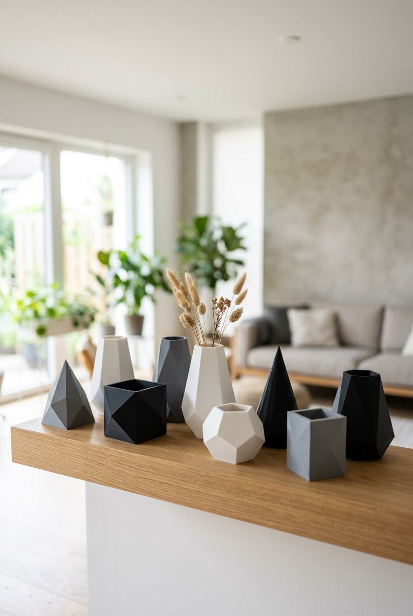 A collection of geometric vases arranged on a wooden shelf in a modern living room with natural light.