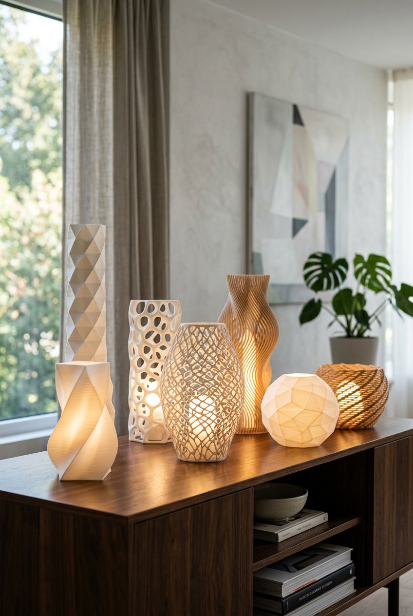 A group of uniquely shaped lamps with intricate patterns placed on a surface in a modern room.