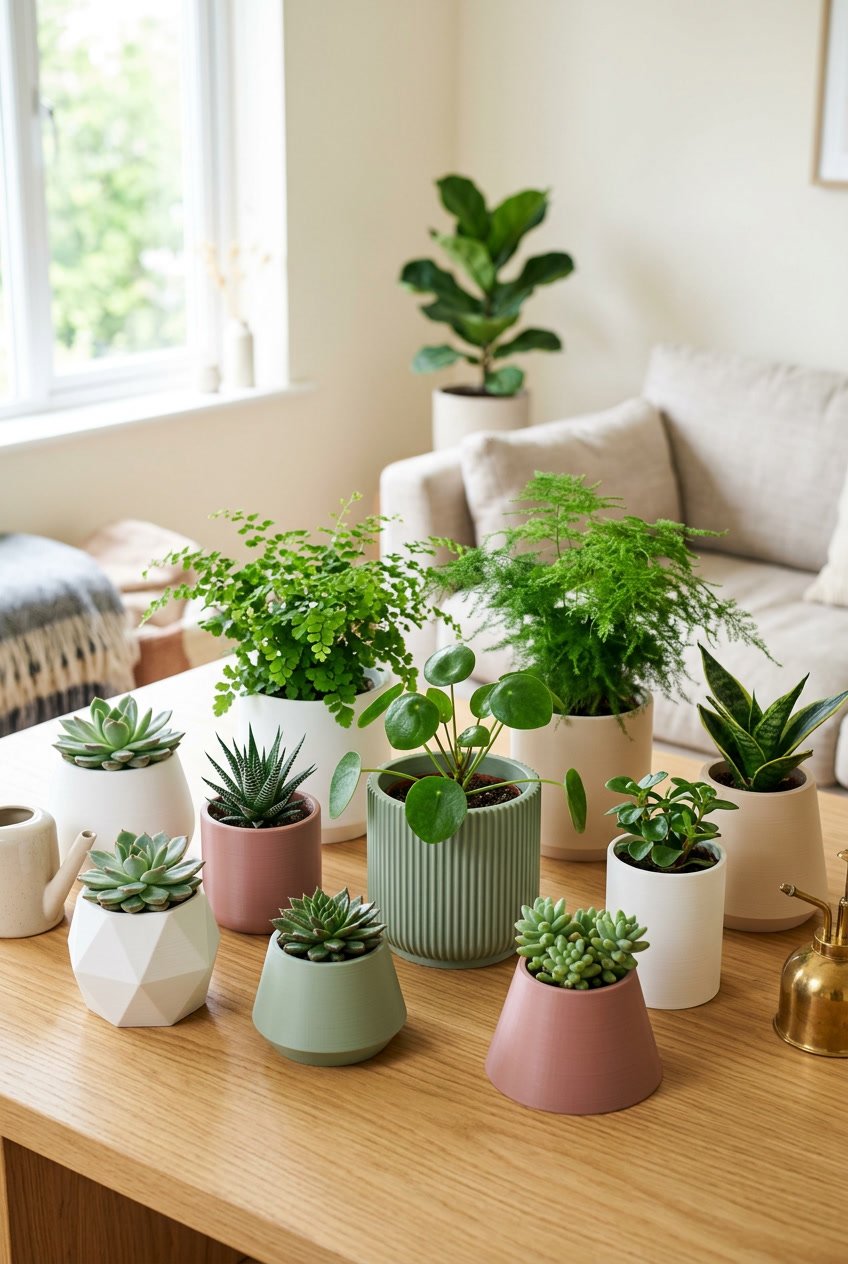 A collection of white and pastel-colored planters with green plants on a light wooden surface near a bright window.