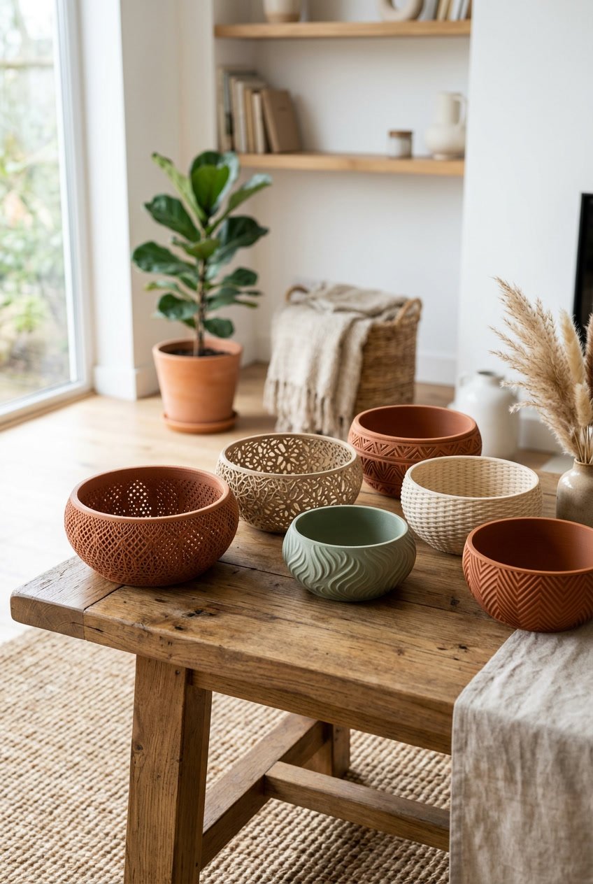 A collection of decorative bowls arranged on a wooden surface in a bright room with plants and woven baskets in the background.