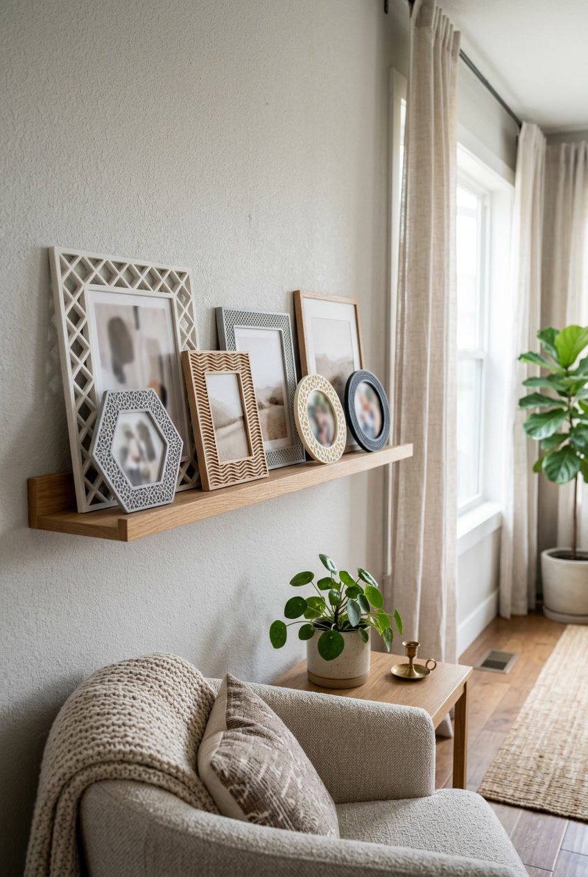 A living room corner with a wooden shelf displaying several uniquely shaped picture frames and nearby plants and furniture.