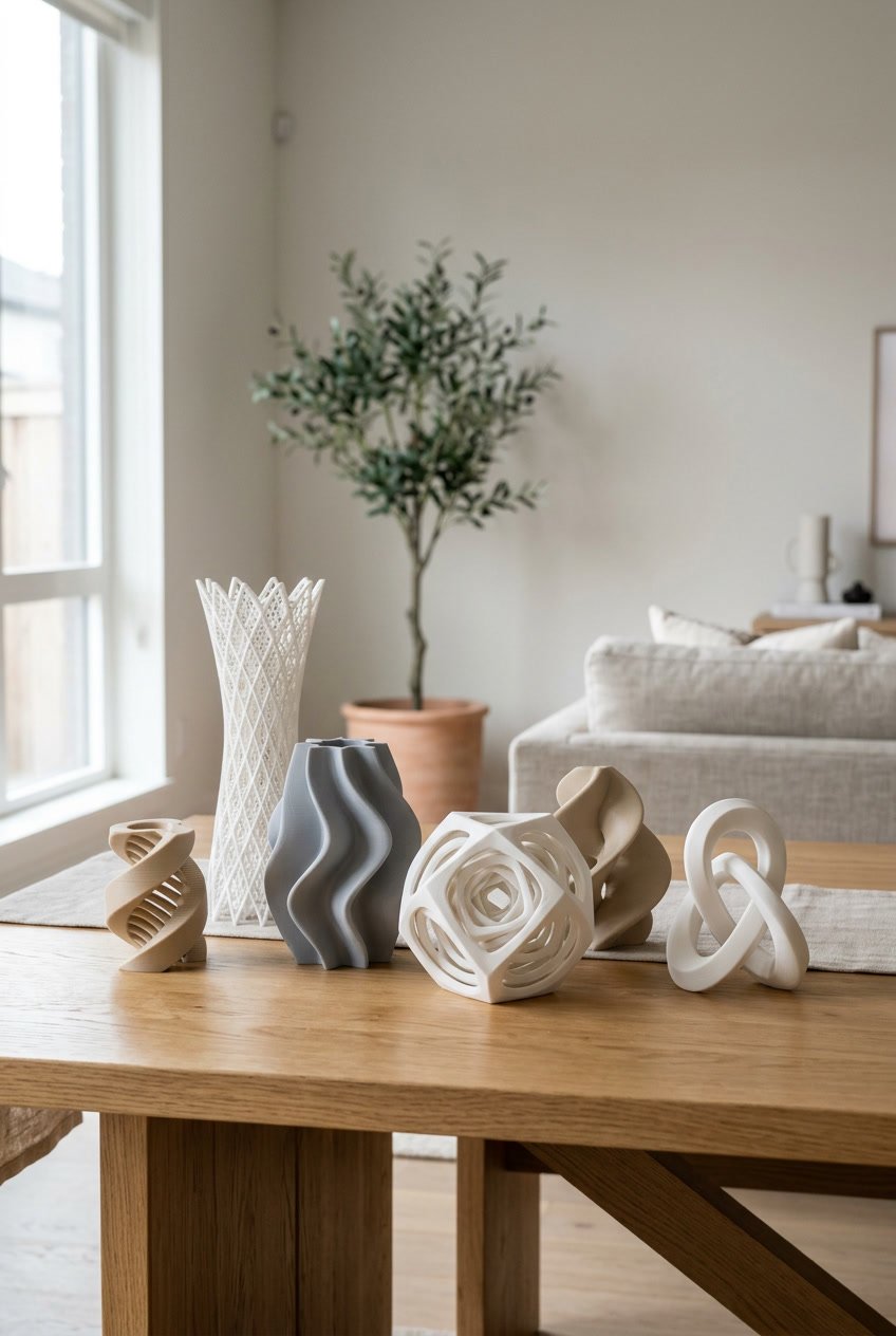 A collection of modern abstract sculptural centerpieces displayed on a wooden table in a minimalist room.
