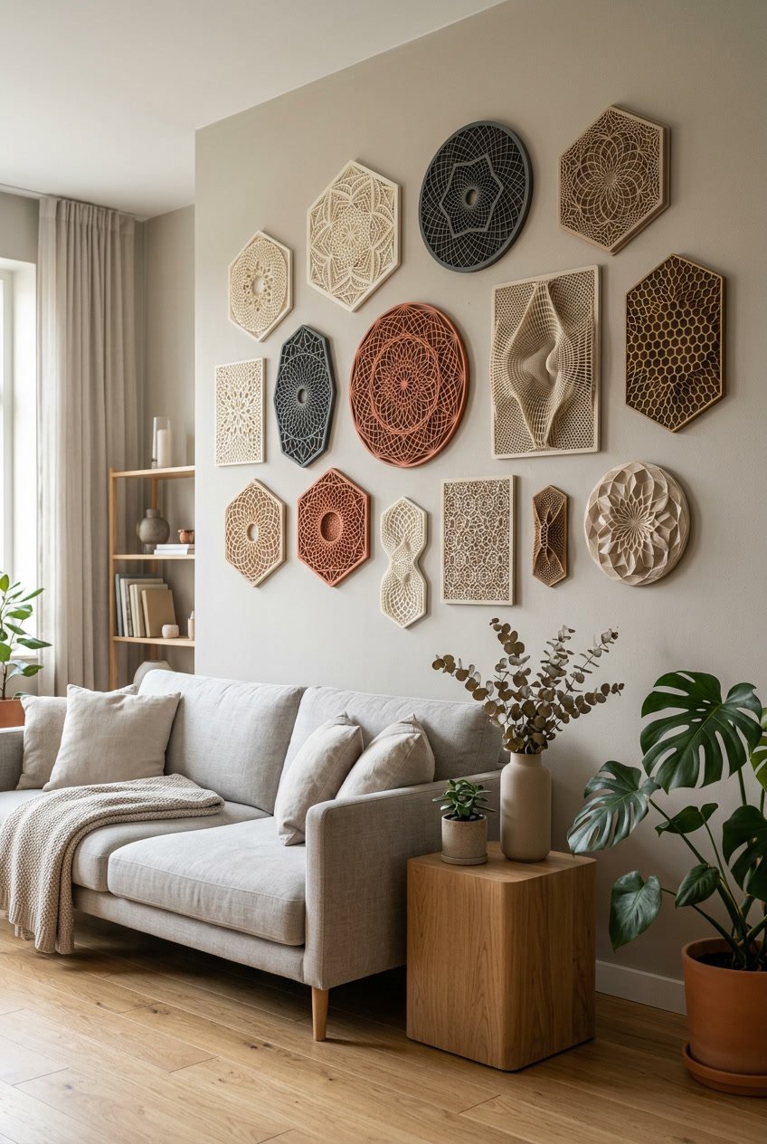 A display of detailed 3D printed wall hangings arranged on a wall in a modern living room.