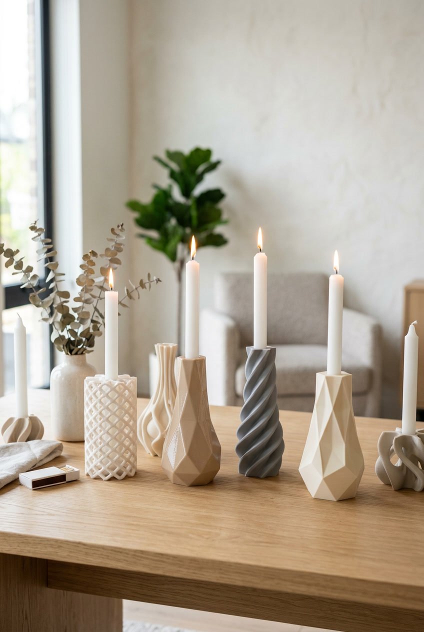 A group of modern candle holders arranged on a wooden surface in a softly lit room.