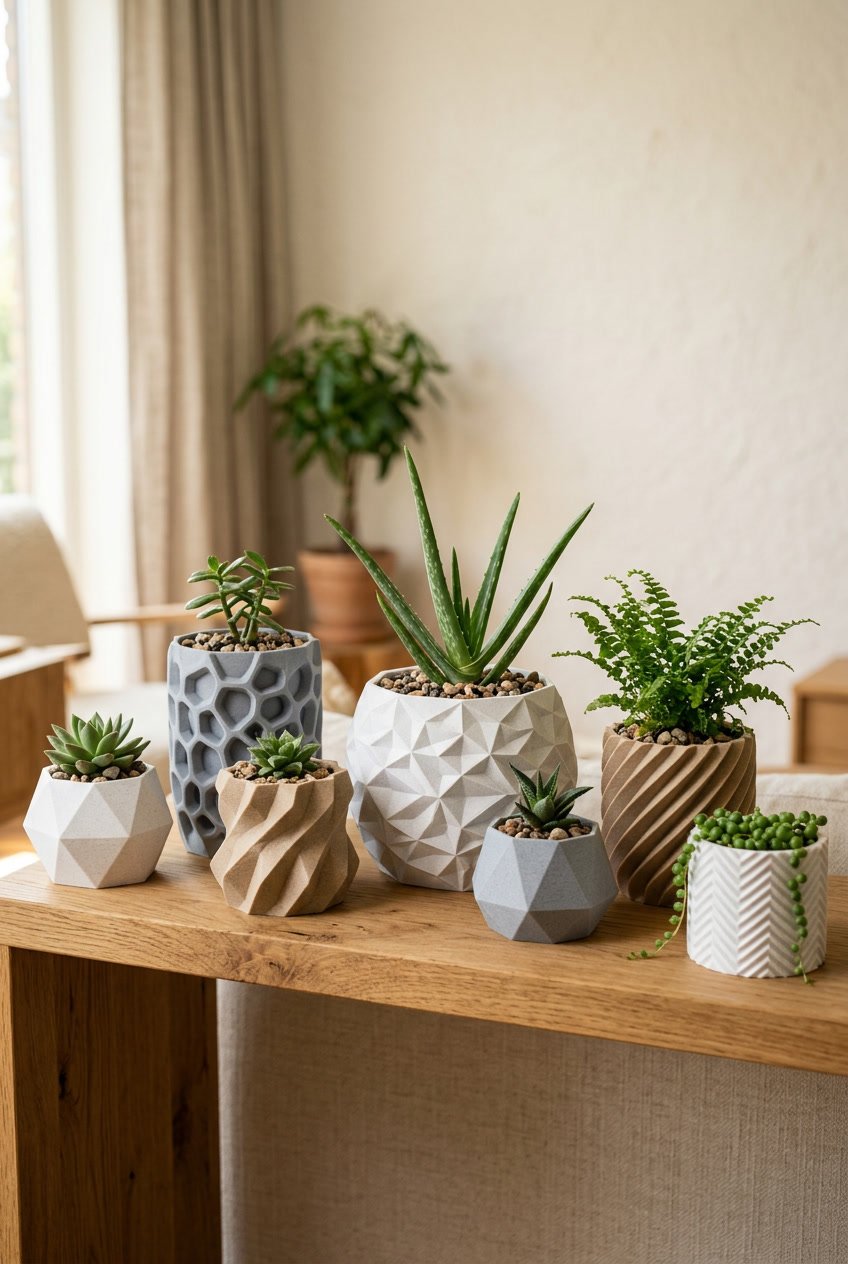 A collection of textured geometric pots displayed on a wooden shelf in a home setting.