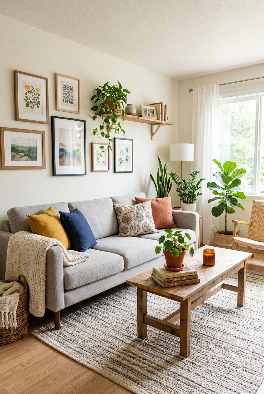 A cozy living room with a sofa, colorful pillows, a wooden coffee table with plants and books, and framed art on the walls.