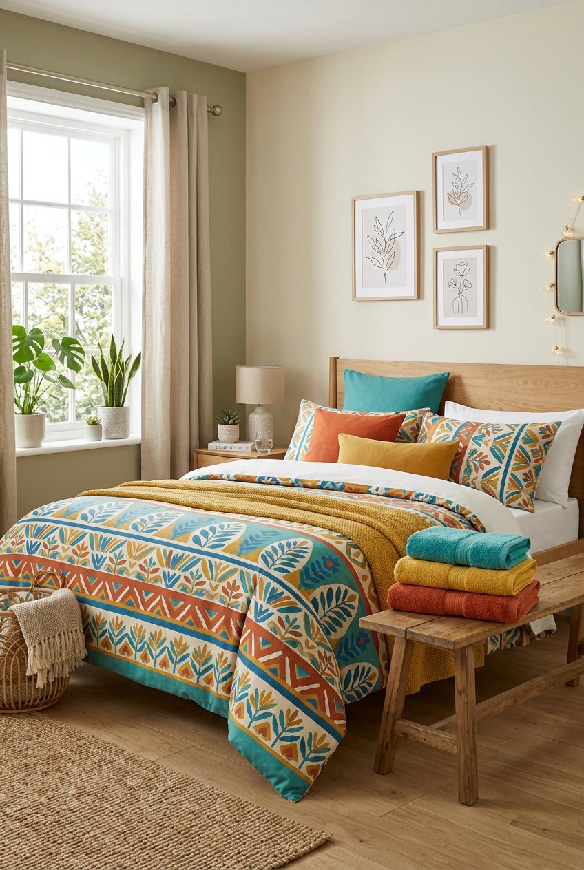 A bedroom with a bed covered in bright, colorful duvet covers and matching folded bath towels on a wooden bench nearby.