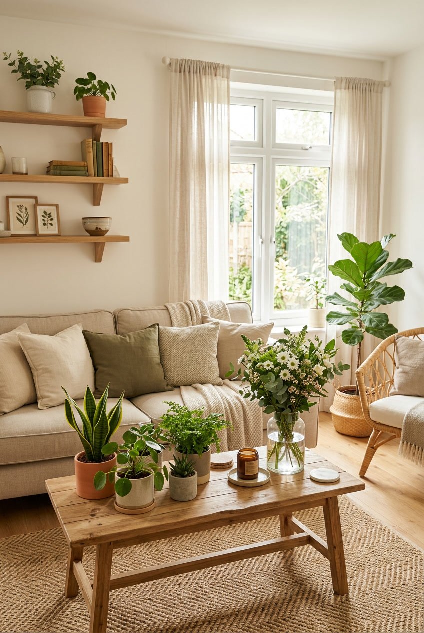 Living room with sofa, wooden coffee table, indoor plants, and fresh flowers in a vase by a window.