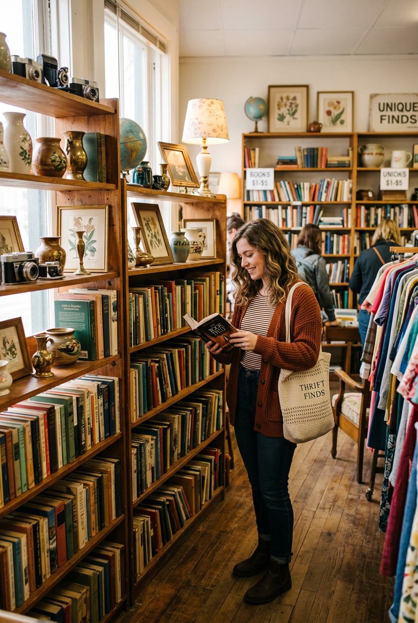 A person browsing vintage books and unique home decor items in a well-lit thrift store.
