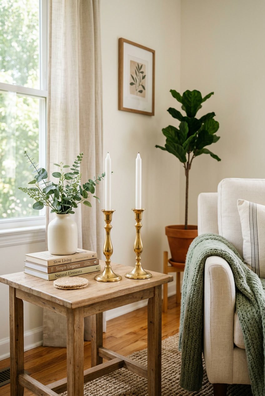 A living room corner with brass candlesticks on a wooden table surrounded by books, a vase with greenery, and a throw on an armchair.